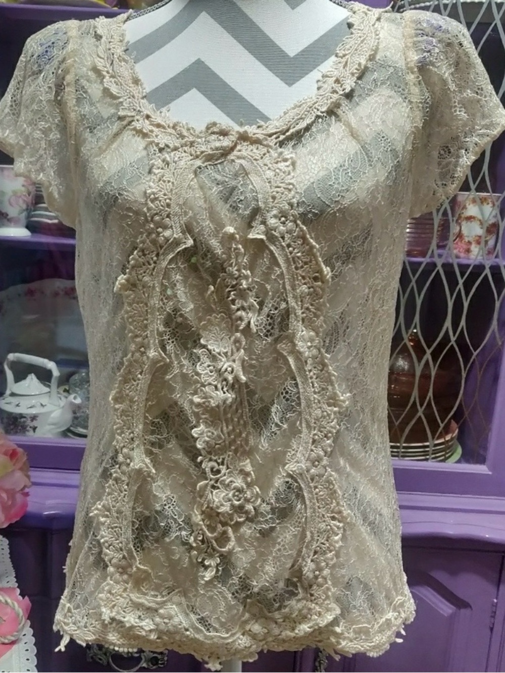 Boho Lace Floral Appliqué Blouse - Cream